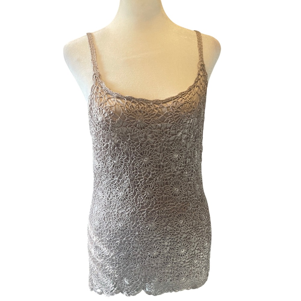 INC Women Y2K Coquette Floral Crochet‎ Overlay Cami Top M Taupe Fairy Romantic